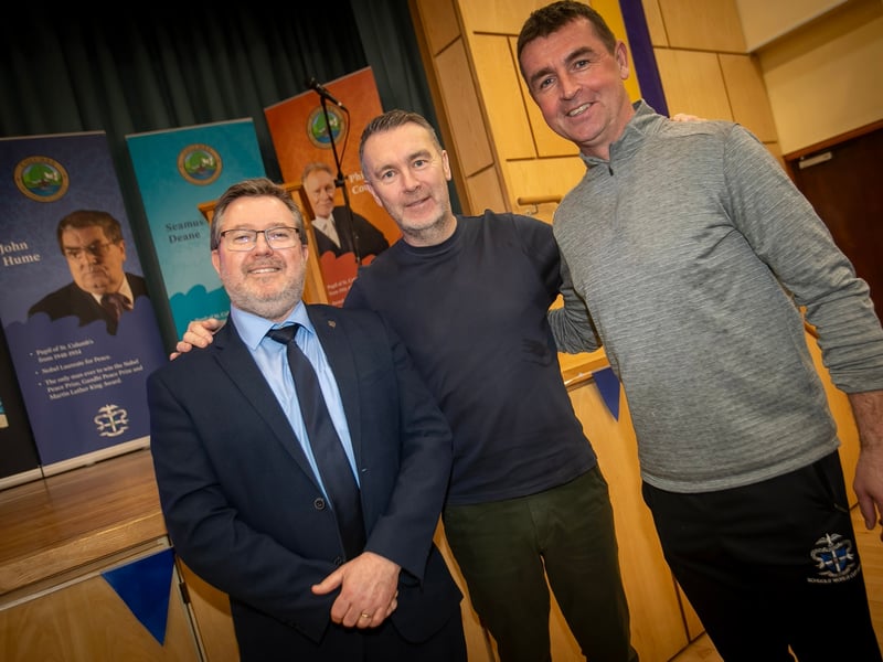 Oisin McConville, former Armagh GAA pictured with fellow Armagh man, Vice Principal, Mr John Johnston and fellow All-Ireland winner Mr. Eamonn Burns, Head of PE, during Wednesday's visit to St. Columb's College, Derry.