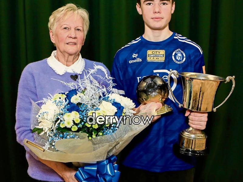 Collette Ballard who presented the Ronnie Ballard Award for the Overall Player of the Year to John Anthony Deane at Trojans annual presentation of awards held in Cecilia's College. (Photos - Tom Heaney, nwpresspics)