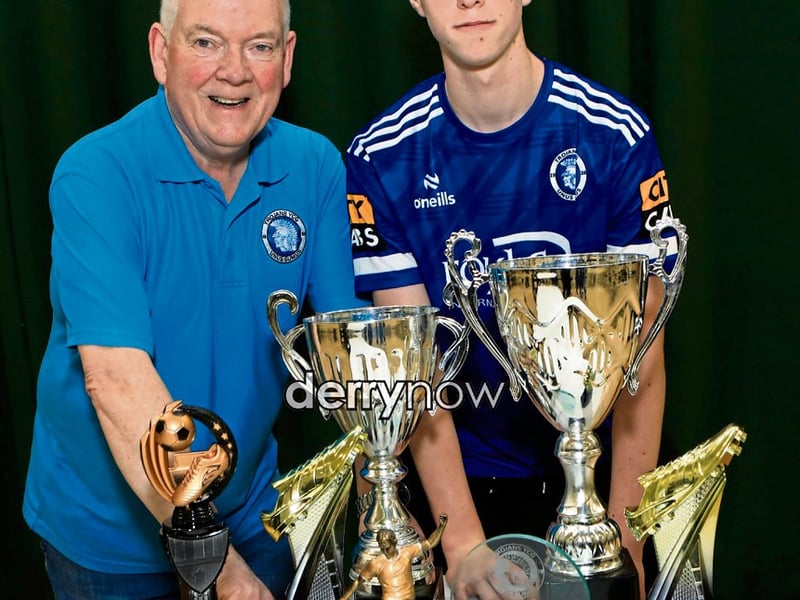 Raymond Carton with Charlie McLeary, Record Goalscorer of the Year totalling 110 goals smashing the club's record at Trojans annual presentation of awards held in Cecilia's College.