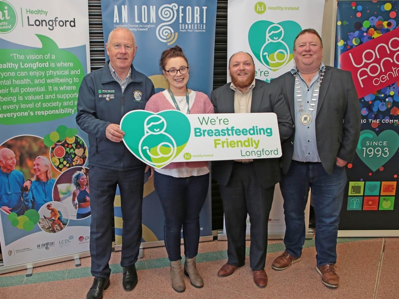 In the photo:  Paddy Mahon - Chief Executive of Longford County Council, Laura McHugh - Healthy Ireland Coordinator, Niall Samuel Byrne - Manager of Longford Shopping Centre, and Cllr Niall Gannon - Leas Cathaoirleach of Longford County Council, pictured at the opening of a new breastfeeding room at Longford Shopping Centre. Pic by Shelley Corcoran