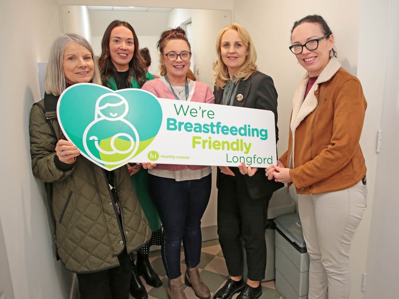 In the photo: Catriona Corcoran - Coordinator with Longford/Westmeath Community Families; Sinéad Costello - Sláintecare Healthy Communities community food and nutrition worker, Longford; Laura McHugh - Healthy Ireland coordinator, Longford County Council; Collette Tracey - assistant director of Public Health Nursing HSE, Longford, and Valerie Hynes - public health nurse for Breastfeeding Support &  Promotion Longford/Westmeath pictured at the opening of a new breastfeeding room at Longford Shopping Centre. Pic by Shelley Corcoran