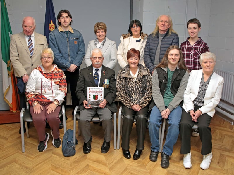 Caption: Hugh Farrell, with Mary Shiels, Jamie, Helen, Ann, Joe, Darren, Gertie, Mary, and Eddie Farrell, Emily Spiller