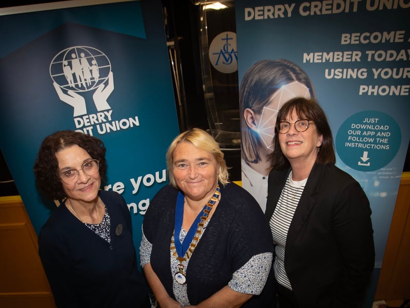 Retiring Education and Training Officer Mary Crumley and Chief Executive Officer Joan Gallagher, who both retire this month with over 50 years of service between them, pictured with Delma Boggs, President, DCU, at Monday's Derry Credit Union AGM in St. Mary's College.