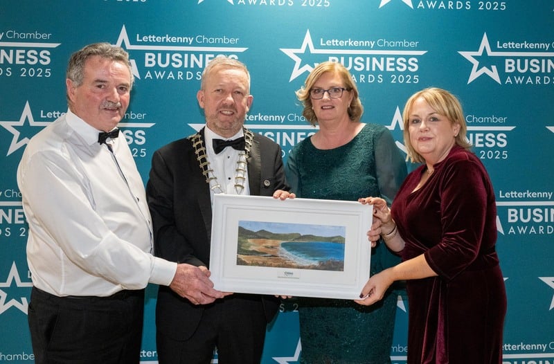 At the Letterkenny Chamber Business Awards in the Mount Errigal Hotel are Best Disability Inclusion Initiative APPTS from left are John McBride, Jimmy Stafford, Chamber President, Fiona Doherty and Veronica Patton, Optum