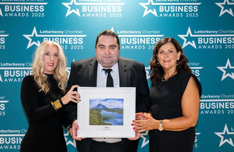 At the Letterkenny Chamber Business Awards in the Mount Errigal Hotel are Karoline Sweeney, Chamber Vice President, Barry Doherty, C-Bio, Sustainable Superstar Award and Fionnuala McBride 