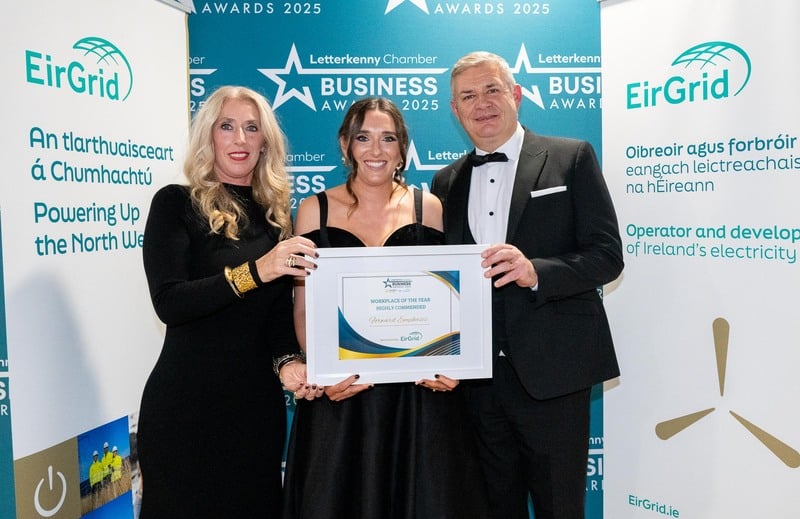 At the Letterkenny Chamber Business Awards in the Mount Errigal Hotel Karoline Sweeney, Chamber Vice President, Linda McColgan, Forward Emphasis, Workplace of the Year, and Conal McLoone, EirGrid