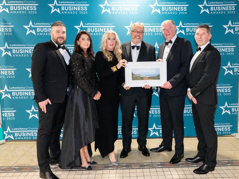 At the Letterkenny Chamber Business Awards in the Mount Errigal Hotel are Gary Alcorn, Tara McDaid, PTSB, Karoline Sweeney, Chamber President, Doug Mawditt, The Postal Store, Outstanding Small Business, Enda Mulligan, PTSB Micheal Bradley, PTSB