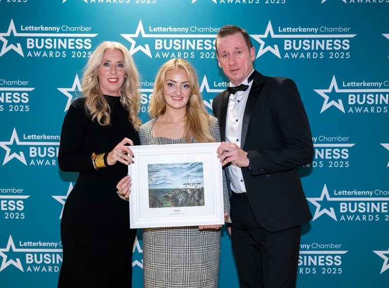 At the Letterkenny Chamber Business Awards in the Mount Errigal Hotel are Karoline Sweeney, Chamber Vice President, Sarah Lorraine Gallagher, Sarah Lorraine Ireland, 14, Young Business Person of the Year and Chris Lynch, TCS