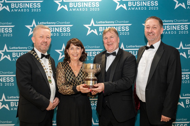 The Letterkenny Chamber Business Awards 2025, hosted at The Mount Errigal Hotel, brought together a full house of businesses and community leaders from across Donegal in a dazzling celebration of enterprise, growth, and resilience. Please click on the arrows to go through the galleryAt the Letterkenny Chamber Business Awards in the Mount Errigal Hotel on Friday are Jimmy Stafford, Chamber President, Eunan and Rachel McIntyre, Mac’s Deli, Hall of Fame Award winners and Steve Frazer, City of Derry Airport.  This year’s awards, held in partnership with EirGrid, honoured outstanding business achievements across 14 award categories, showcasing the vibrant diversity of businesses both large and small across the county and region. Jimmy Stafford, addressing attendees, highlighted the spirit and dedication each finalist displayed: “Everyone shortlisted for the awards has shown their commitment to their business. This event celebrates the many achievements of our amazing business community in Letterkenny and the wider county and region. It is always fascinating to hear their stories and the passion that makes each business shine.” Reflecting on EirGrid’s partnership with the awards EirGrid’s Head of Public Engagement, Sinead Dooley: “EirGrid is delighted to once again be supporting the Letterkenny Chamber Business Awards. “Through our engagement with the Chamber, we have seen the dedication and innovation of businesses in Letterkenny and across Donegal. We have also seen how important and integral local businesses are to communities around the county. “Eirgrid is working to improve the electricity grid with our ‘Powering Up the North West’ programme. A stronger grid will not just help meet the increasing demand for electricity in the area, but it will also support a stronger regional economy, which in turn supports thriving local communities. “As we progress with this work we are committed to continued engagement with the Chamber, local businesses and communities. EirGrid recognises the