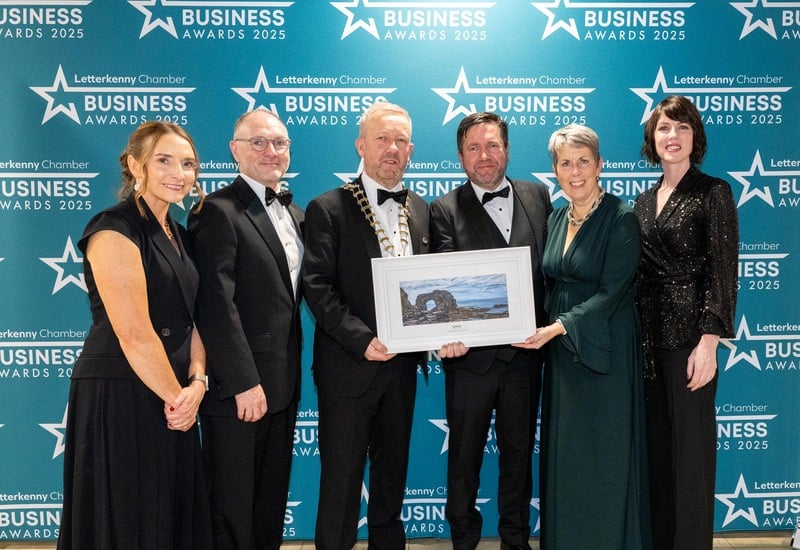 At the Letterkenny Chamber Business Awards in the Mount Errigal Hotel on Friday last are Excellence in Innovation winner PGIM with from left, Michael Margey, ATU, Jimmy Stafford, Chamber President, ATU, Shane Grant, PGIM, Dr Orla Flynn, President ATU and Vicky O'Rourke ATU