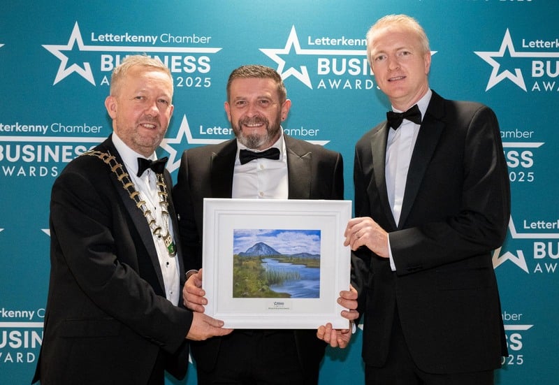 At the Letterkenny Chamber Business Awards in the Mount Errigal Hotel, Jimmy Stafford, Chamber President, Dermot Doherty, Restex Beds, Shop LK Business Award and Robert McElhinney, Dillions Hotel