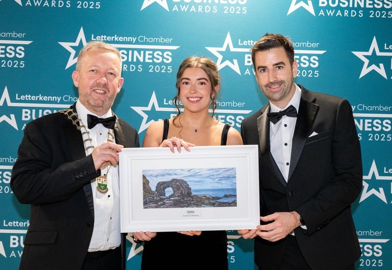 At the Letterkenny Chamber Business Awards in the Mount Errigal Hotel are Jimmy Stafford Chamber President, Aoife O'Connor, Callaghans Electical, Excellence in Marketing and Jerome Burke, PGIM. 