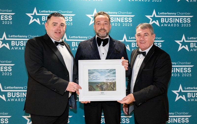 At the Letterkenny Chamber Business Awards in the Mount Errigal Hotel are Bernard Gallagher, Brian McMonagle, No 9 , Best New Business and Sean Quinn, Highland Radio