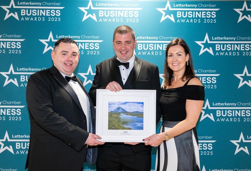 At the Letterkenny Chamber Annual Gala Ball Awards in the Mount Errigal Hotel are Bernard Gallagher, Chamber Vice President, Michael Boyle, Boyle Construction, Business Excellence Award and Yvonne Boal, Bank of Ireland