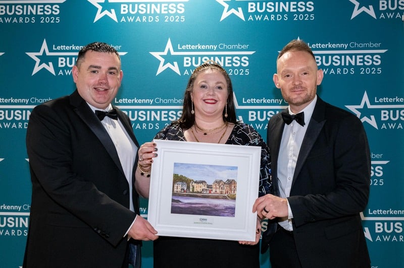 At the Letterkenny Chamber Business Awards in the Mount Errigal Hotel are Bernard Doherty, Chamber Vice President, Irene Sweeney, Castle Grove Country House, Excellence in Customer Service Award, and Gareth Price, Fresh today