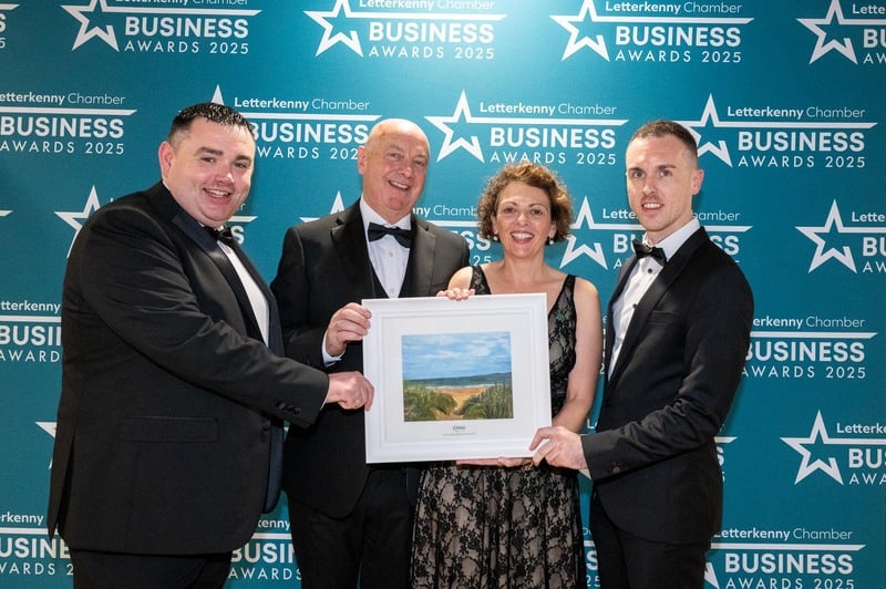 At the Letterkenny Chamber Business Awards in the Mount Errigal Hotel are Bernard Gallagher, Chamber Vice President, Brendan McGlynn, Sharon McGlynn, Bomaite Ciuin, 8.Gnó le Gaeilge /Business Through Irish and Caoimne O'Doherty, Lionra Leitir Ceannain