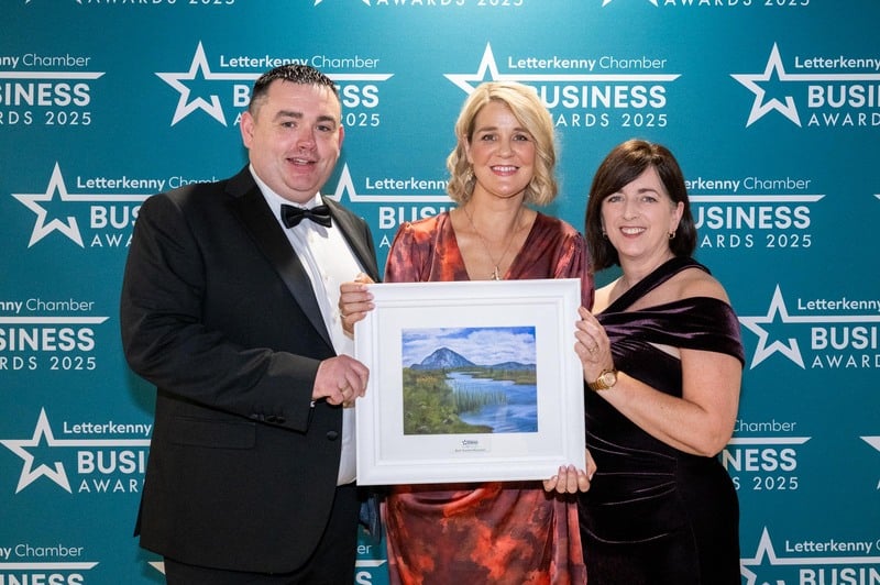 At the Letterkenny Chamber Business Awards in the Mount Errigal Hotel are Bernard Gallagher, Chamber President, Catherine Greene, Crolly Distillery, and Eilis Docherty, Donegal Airport