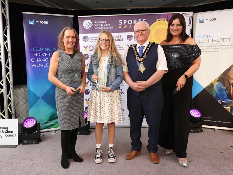 Merit Award winners Kay Hack & Rosie Agnew pictured with Mayor Oliver McMullan and host Denise Watson. (Photos: McAuley Multimedia)