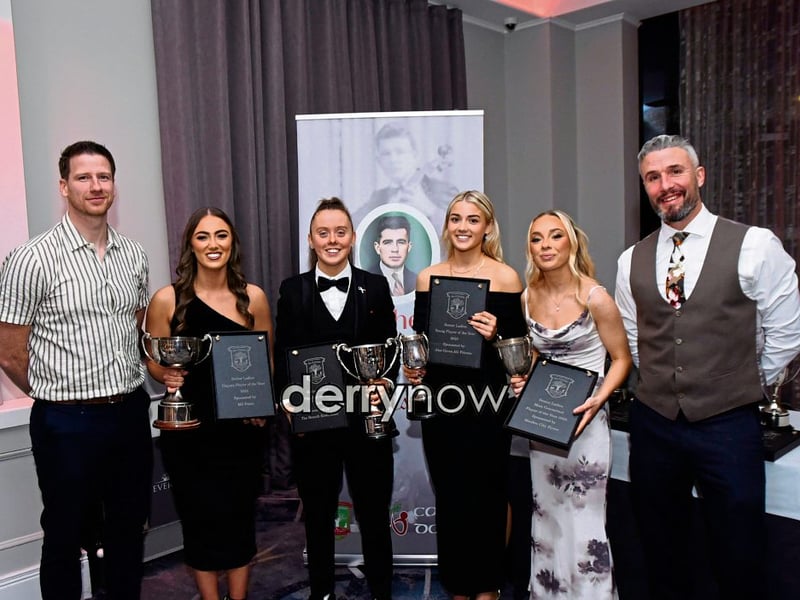 Senior Ladies - Players Player of the Year - Cliona Young, Player of the Year - Kayleigh Carlin, Young Player of the Year - Eva Deery and Most Committed - Kaci Deery, pictured with Paul Melaugh (on left) and Andy Brown.