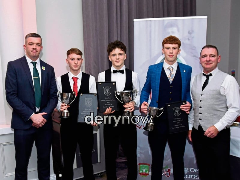 Minor Boys- Most Improved - Naomhan Lynch, Players Player of the Year - Ciaran Mullan and Player of the Year - Cian Morris, pictured with Eamon McGinley (on left) and Mark McCosker. (Photos - Kerrie Quinn, nwpresspics)