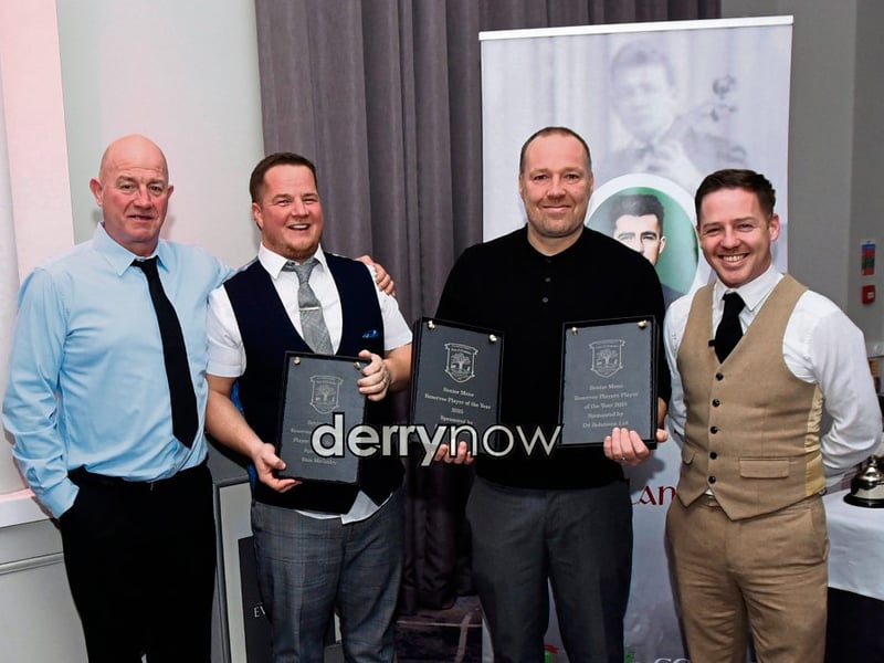 Senior Men Reserves - Most Committed- Paddy Robinson and Players Player and Player of the Year - Oran Cassidy, pictured with Jeffrey McGonigle (on left) and Peter Nixon.