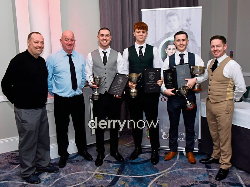 Senior Men- Most Committed - Paul Thompson, Young Player of the Year - Charlie Green and Players Player and Player of the Year - Ryan McGonigle, pictured with Oran Cassidy (far left), Jeffrey McGonigle and Peter Nixon.