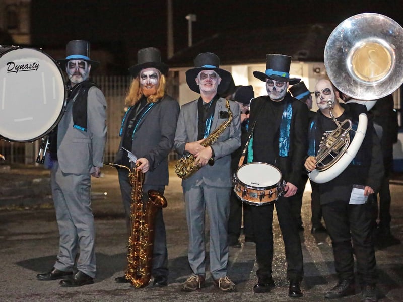 Caption: The 'Blasta Brass' band who entertained the thousands of people in Longford town on Halloween night for the finale of the 20th Dead of Night Festival. Picture: Shelley Corcoran