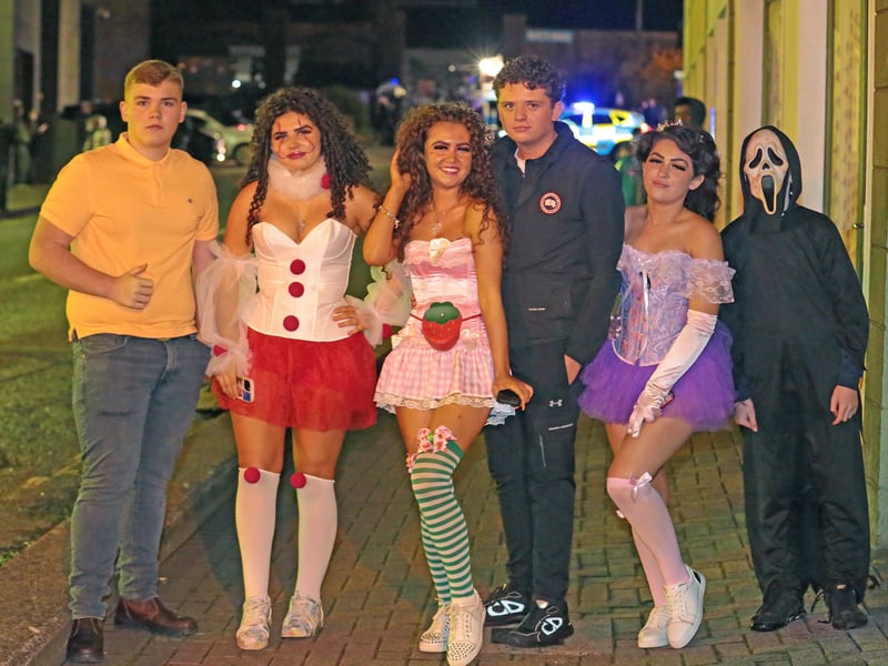 Caption: Doll, Tracy, Pauline and Dennis Donohoe, Brother McGinley and Willie Hannifin at The Fire and Shadows Procession, the spectacular finale of the 20th Longford Dead of Night Festival on Halloween night Picture: Shelley Corcoran PICTURES | Halloween magic at truly spectacular Longford Fire and Shadows Procession