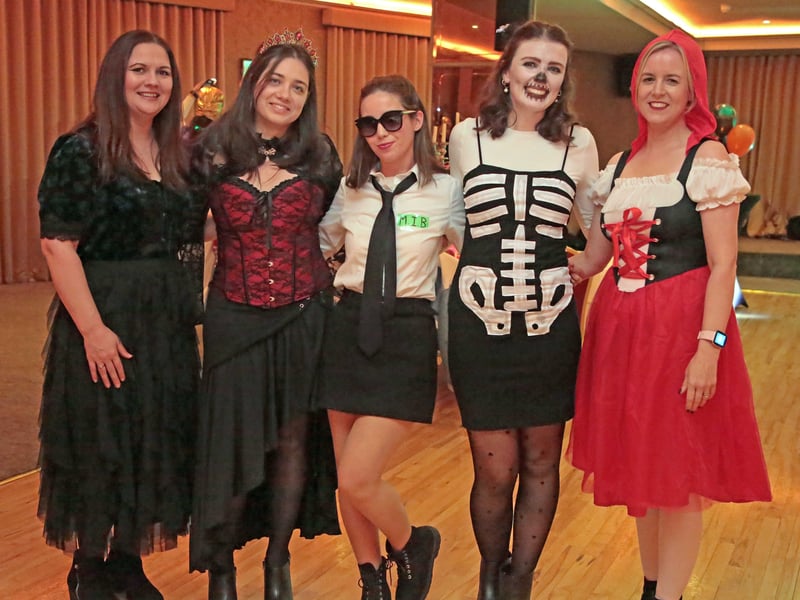 Caption: Noelle Igoe, Samantha McHale, Laura Thompson, Anna Matea and Amy Leavy at the St Mel’s Musical Society After Dark Ball in the Longford Arms Hotel on Halloween Night, one of the many highlights of the Longford Home of Halloween programme Picture: Shelley Corcoran