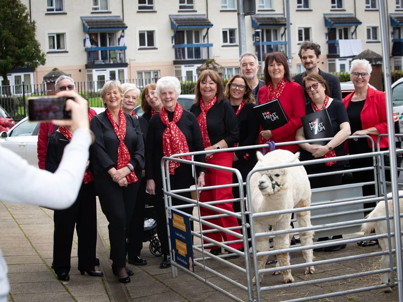 The Momentum Choir, who performed at Derry Credit Union during Saturday's celebrations pictured getting their photo taken with 'Sadie' The Goat.
