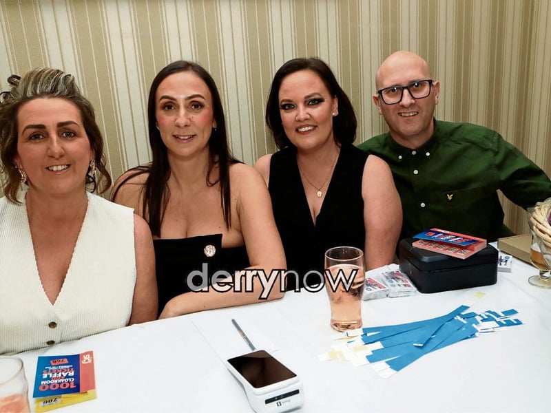 Marty McClafferty with from left, Laura Carlyle, Claire McGonagle and Julie McClafferty at the Trojans FC fundraiser "Stars in their Eyes" held in the Maldron Hotel. (Photos - Tom Heaney, nwpresspics)