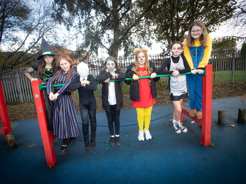 Some of the P7 girls pictured in full costume during Halloween festivities at Greenhaw.