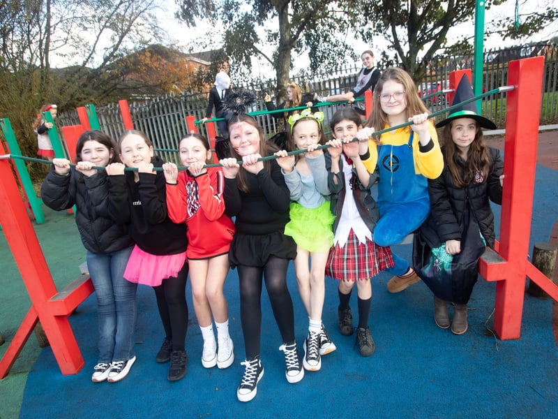 More P7 girls posing for a picture during Halloween Celebrations at Greenhaw PS on Friday.