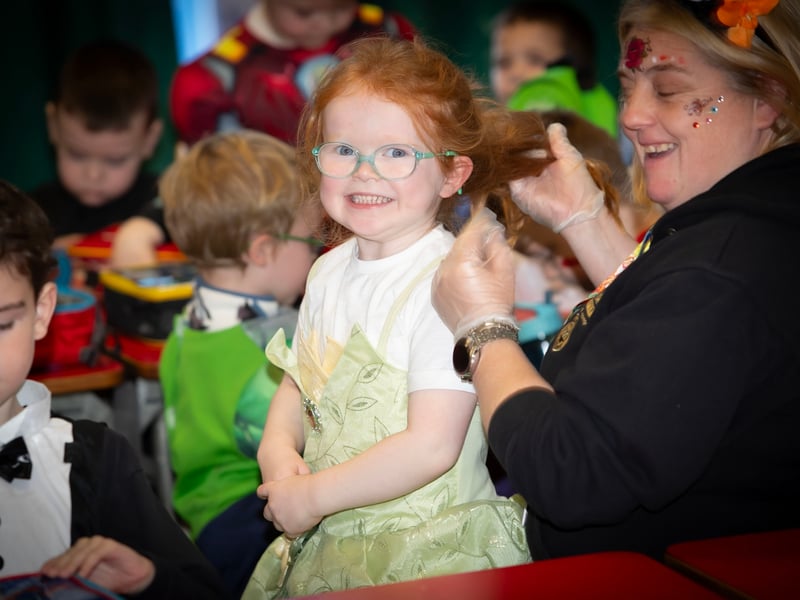 P1 pupil Aoife Moore pictured with Mrs. Feeney in the school's canteen on Friday.
