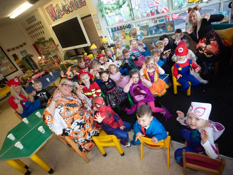 Mrs Molloy and her Nursery Class pictured before Friday's Halloween Parade at Greenhaw Primary School.