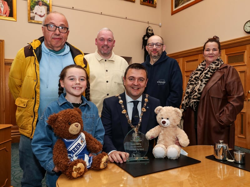 The Mayor of Derry & Strabane, Councillor Ruairi McHugh with 9 years Yazmin Doherty, Founder of the River Radio Toy Appeal, at a reception in the Guildhall. Included, from left Steve Marshall, Gerry Doherty, Keith Wright and Debbie Lamberton from River Radio.
