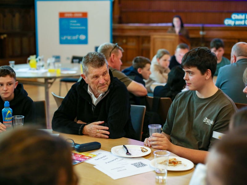 Councillor Derek Hussey with members of the North West Ministry of Youth duringan interactive session held in the Guildhall.