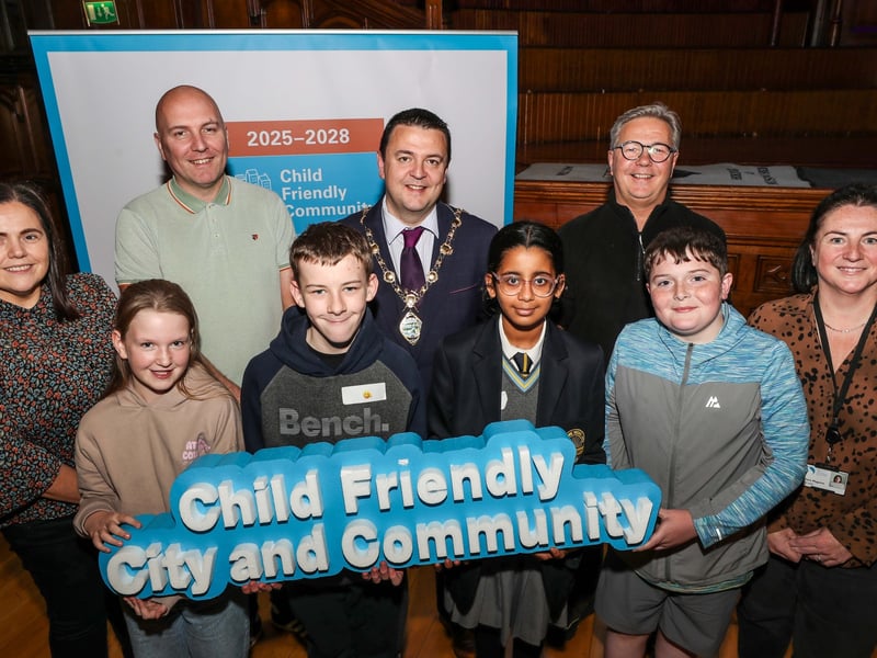 Front from left are Sophia Wilson, Jamie McGilloway, Diya Bhargava, Reece McGarrigle. Back, from left, are Ciara Burke, Programme Manager Community Development, DCSDC, Declan Gallgher, Senior Youth Officer, EA, Mayor of Derry City and Strabane District Council, Cllr Ruairí McHugh, Paul Sweeney, Locality Planning Coordinator, WHSCT and Clare Maguire, Children and Young People’s Coordinator, DCSDC. (Photo: Lorcan Doherty Photography)