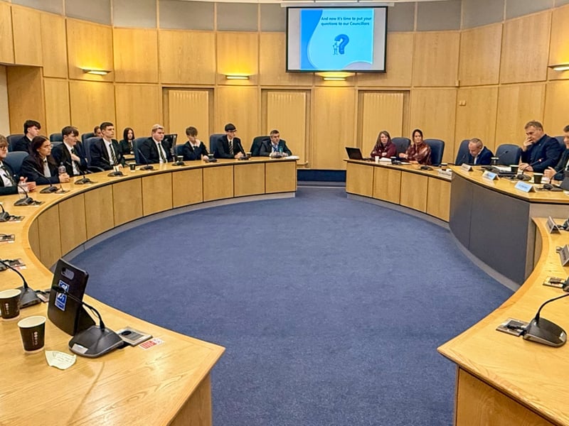 19 young people from Holy Cross College in Strabane had an opportunity to meet elected representatives for the Derry and Strabane District in the Strabane Council Chambers. (Photo: Raymond McCarron)