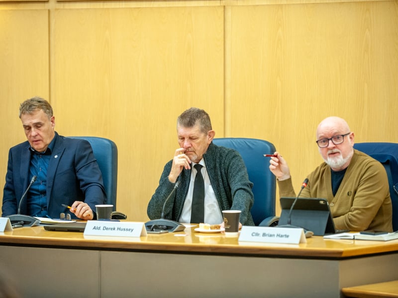 Councillors' Fergal Leonard, Derek Hussey and Brian Barney Harte taking questions from the students. (Photo: Raymond McCarron)