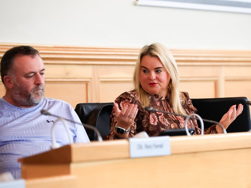 Colr. Sandra Duffy speaking at the Local Democracy Week "Meet Your Councillors" held in the Derry City & Strabane District Council Chamber, Guildhall. Included is Colr. Gary Donnelly.  (Photo - Tom Heaney, nwpresspics)