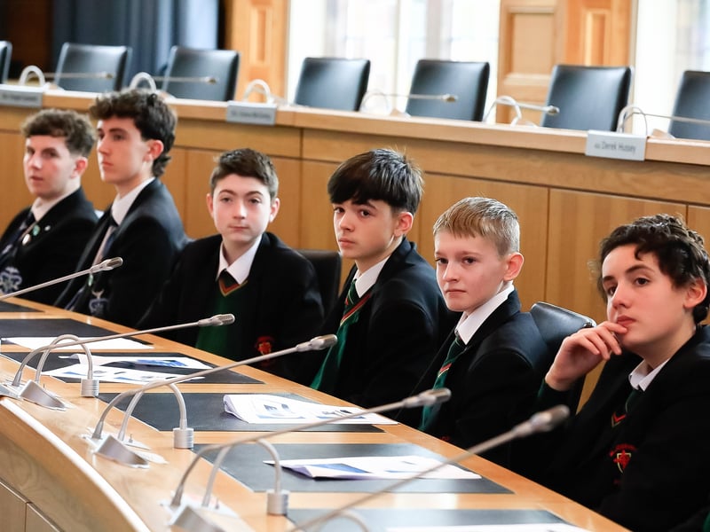 Students from St. Columb's College and St. Joseph's Boys' School who took part in the Local Democracy Week "Meet Your Councillors" held in the Derry City & Strabane District Council Chamber, Guildhall. (Photo - Tom Heaney, nwpresspics)