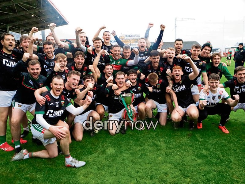 Slaughtmanus team celebrating winning the Premier Electrics Derry GAA Club Junior Championship final against Doire Trasna in Celtic Park on Sunday. (Photos - Tom Heaney, nwpresspics)