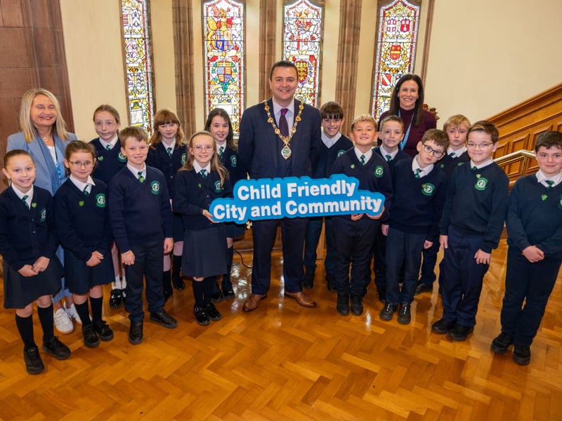 Pupils from St. Patrick's Primary School with the Mayor of Derry City and Strabane District Council, Councillor Ruairí McHugh in the Guildhall where they discovered a range of interesting facts about the Mayor’s role as First Citizen of the City and District, as part of Local Democracy Week. (Photos: Martin McKeown)