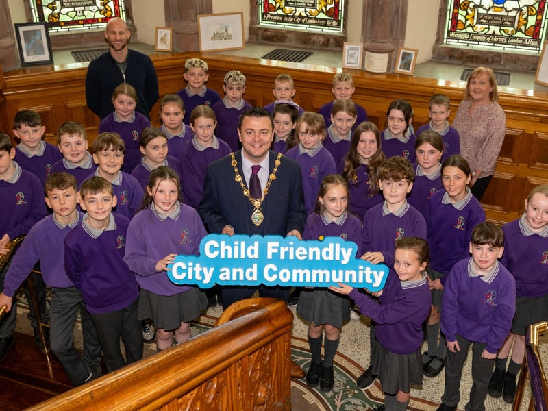 Pupils from St. Mary's Primary School with the Mayor of Derry City and Strabane District Council, Councillor Ruairí McHugh in the Guildhall where they discovered a range of interesting facts about the Mayor’s role as First Citizen of the City and District, as part of Local Democracy Week. The event included a debate on the merits of Outdoor and Indoor Activities with Alderman Niree McMorris promoting outdoor activities and Councillor Sean Fleming promoting indoor activities. There was also a quiz a Q&A with the First Citizen and an art competition for the pupils for the 13 schools from across the District. (Photo: Martin McKeown)
