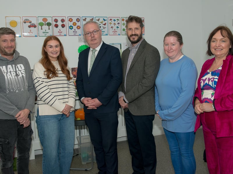Darren Roche (SNA),Orla Mulreid (Special Class Teacher), Michael Moynihan Minister of State for Special Education and Inclusion, Ken Mulligan (Principal), Lisa Maguire (SNA) and Sen. Fiona O'Loughlin.
