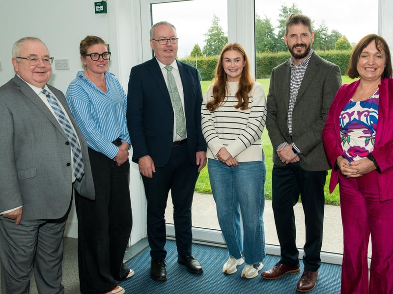 Seán Ó Fearghail TD, Ciara White ( 5th/6th Teacher), Michael Moynihan Minister of State for Special Education and Inclusion, Orla Mulreid (Special Class Teacher) and Ken Mulligan (Principal) and Sen. Fiona O'Loughlin.