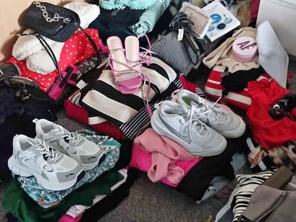 Another person from Kildare is selling €10 mystery bags of a selection of clothing items displayed in a photo shown below.  Included would be five or more items of clothing and one pair of shoes or hair appliance or face care. The clothes are size small and shoes size 4.
