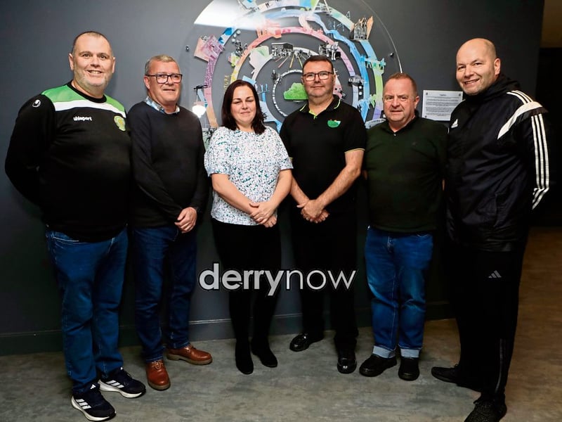 From left, are Eamon McLaughlin, Paddy Logue,Aisling Doherty, Niall McLaughlin, Ciaran O’Donnell (Feile) and Gary Boyd at the launch of “Our Club, Our History, Our Future”.