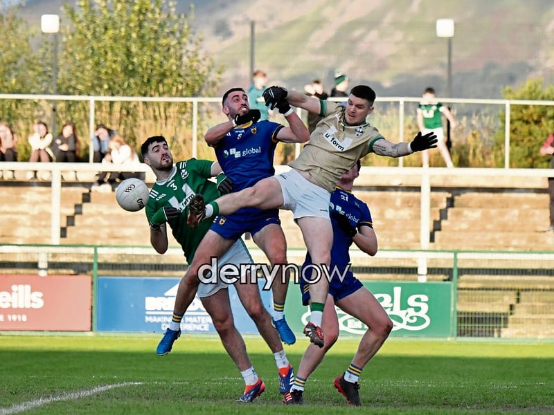 Newbridge keeper Nathan Rocks in the thick of the action against Steelstown.